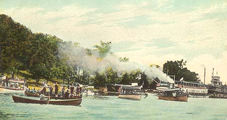 <b>Water Sports on Chautauqua Beach</b> near Havana, Illinois, circa early 1900s.<br>Postcard illustration.