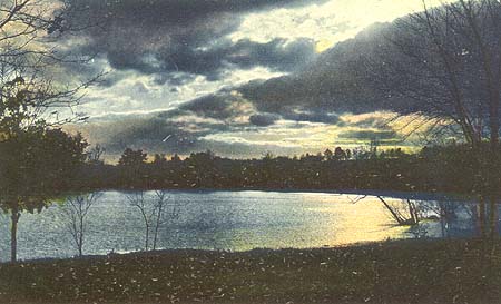 <b>Moonlight on Chautauqua Beach</b> near Havana, Illinois.  Postcard illustration.