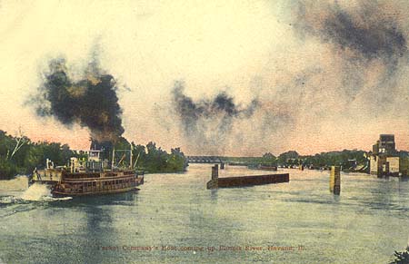 <b>Packet Boat at Havana</b>.  Postcard illustration of an unnamed packet boat at Havana, Illinois.