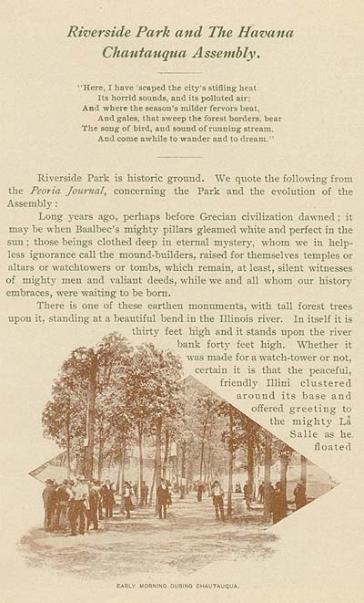 <b>Riverside Park </b> and Beacon Mound, a history found in the 1898 Havana Chautauqua Assembly program.