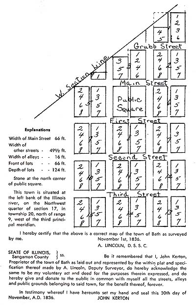 <b>Plat of Bath, Illinois</b> as surveyed and laid out by Abraham Lincoln for John Kerton.  Recorded in Sangamon County on December 13, 1836.