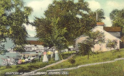 <b>Campers at Quiver Beach</b> near Havana, Illinois.  Postcard illustration.