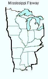 <b>Map of Mississppi Flyway</b><br>Map showing the migrating path of waterfowl through the Midwest.