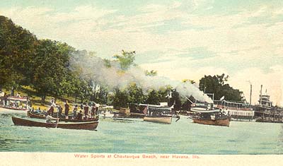 <b>Water Sports on Chautauqua Beach</b>, near Havana.  Postcard.