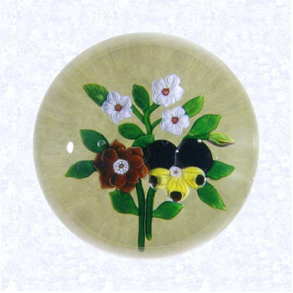 <B>Flat Pansy and Clematis Bouquet<BR>France<BR>Baccarat, circa 1845-55</B><BR>Diameter: 7.6 cm (3 inches)<BR>(702251)<BR><BR>Flat bouquet of one purple and yellow pansy and bud, one orange-red clematis, and three small white clematis blossoms; green leaves and stems