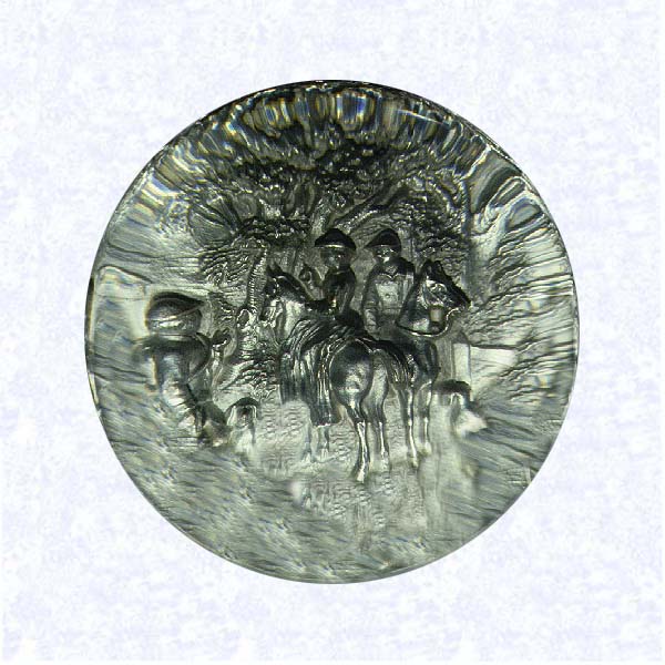 <B>Silver Pinchbeck<BR>Europe<BR>factory unknown, circa 1845-55</B><BR>Diameter: 8 cm (3 1/8 inches)<BR>(702267)<BR><BR>Silver Pinchbeck weight with pewter base; silvered metal relief hunting scene