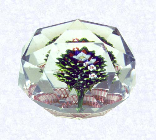 <B>Faceted Upright Lampworked Bouquet<BR>France<BR>Baccarat, circa 1845-55</B><BR>Diameter: 7.6 cm (3 inches)<BR>(702320)<BR><BR>Upright bouquet with a pink torsade; star-cut base; entire surface of weight cut with triangular facets
