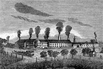 <B>View of the Boston & Sandwich Glass Factory, circa 1830<BR>Print</B><BR><BR>This nineteenth-century print shows seven smokestacks at work at this Cape Cod glass factory.