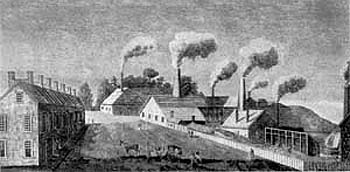 <B>The New England Glass Factory, circa 1820<BR>Print</B><BR><BR>This nineteenth-century print shows the large chimneystacks that were connected to the glass ovens of this factory.