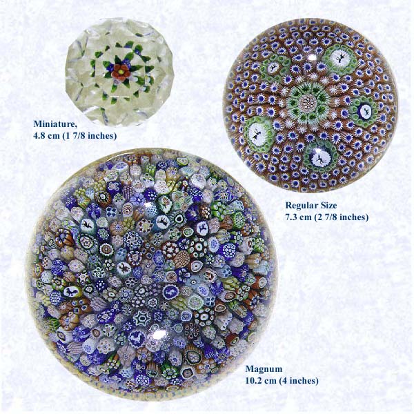 This graphic illustrates the three sizes of paperweights: <B>miniature, regular, and magnum.</B><BR><BR>A <B>miniature</B> paperweight measures less than two inches in diameter.<BR><BR>A <B>magnum </B>paperweight measures more than 3 1/2 inches in diameter.