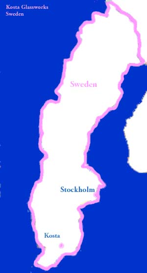 Map of Sweden showing location of Kosta Glassworks