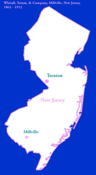 Map of the U.S. state of New Jersey, showing the location of the Millville Glass Factory